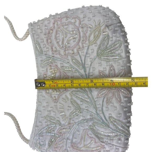 Vintage White Beaded Evening Bag With Floral Embroidery & Rope Strap - Picture 11 of 13